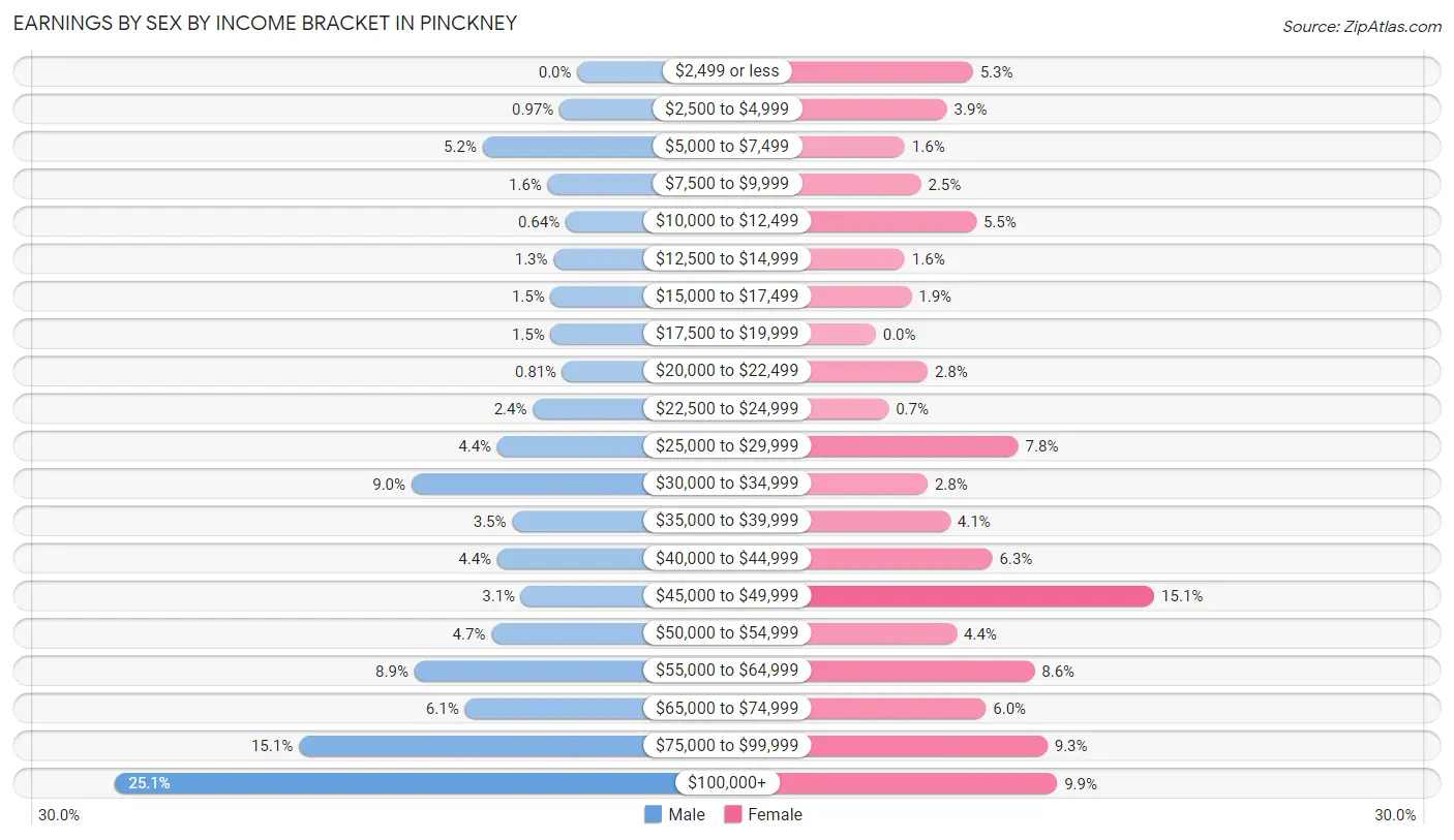 Earnings by Sex by Income Bracket in Pinckney