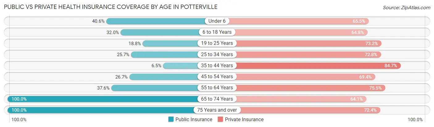 Public vs Private Health Insurance Coverage by Age in Potterville