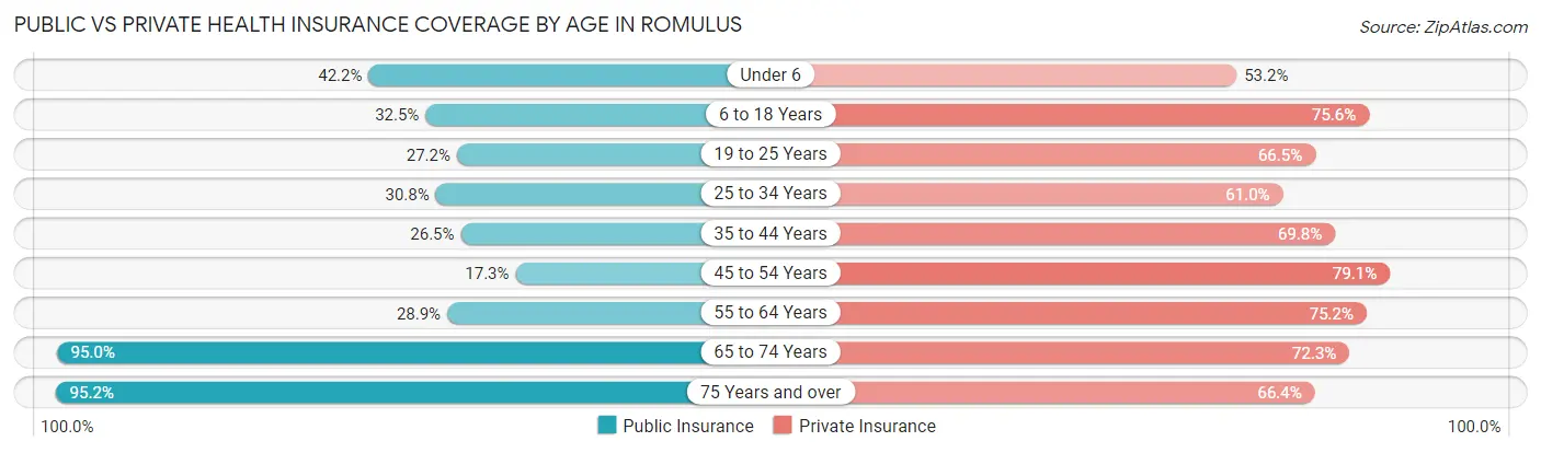 Public vs Private Health Insurance Coverage by Age in Romulus