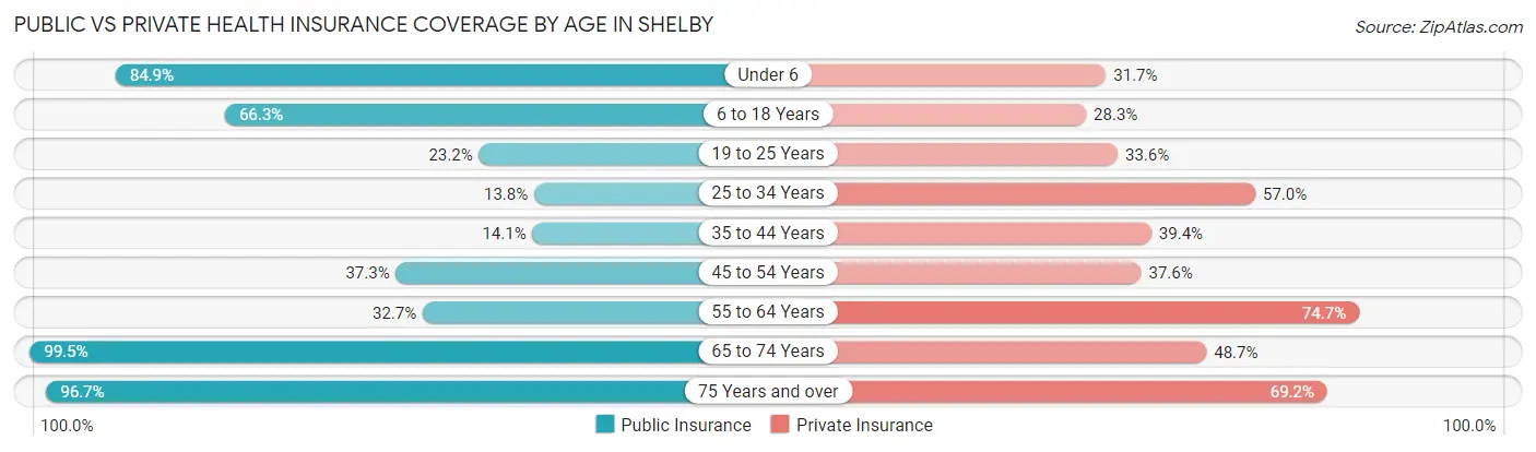 Public vs Private Health Insurance Coverage by Age in Shelby
