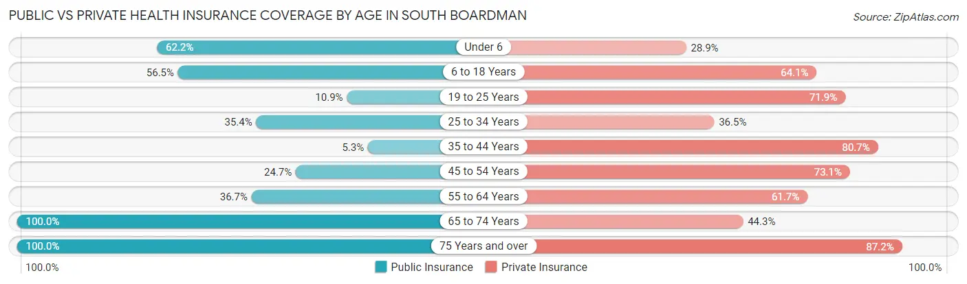 Public vs Private Health Insurance Coverage by Age in South Boardman