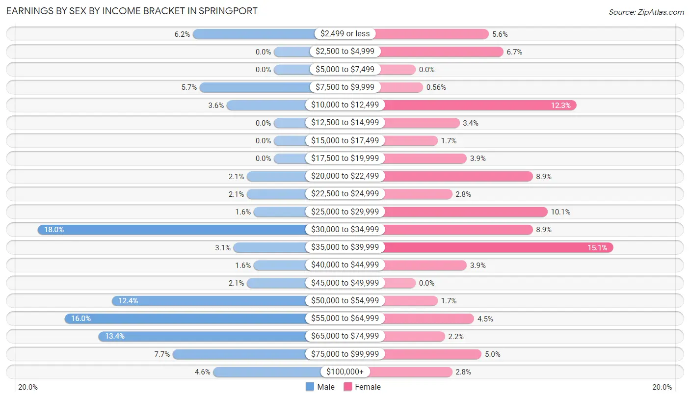 Earnings by Sex by Income Bracket in Springport