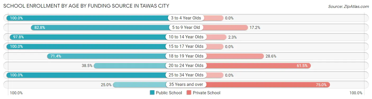 School Enrollment by Age by Funding Source in Tawas City
