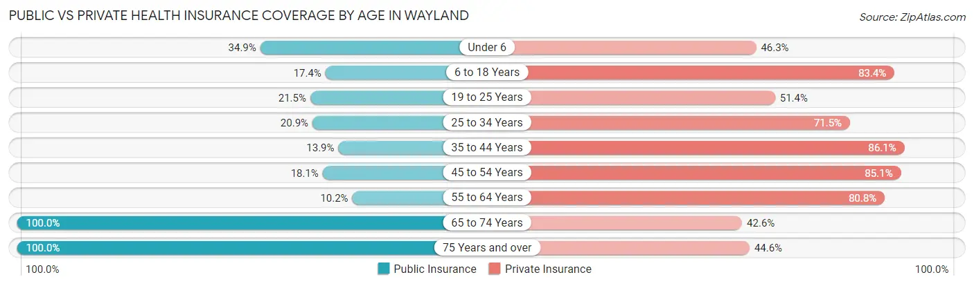 Public vs Private Health Insurance Coverage by Age in Wayland