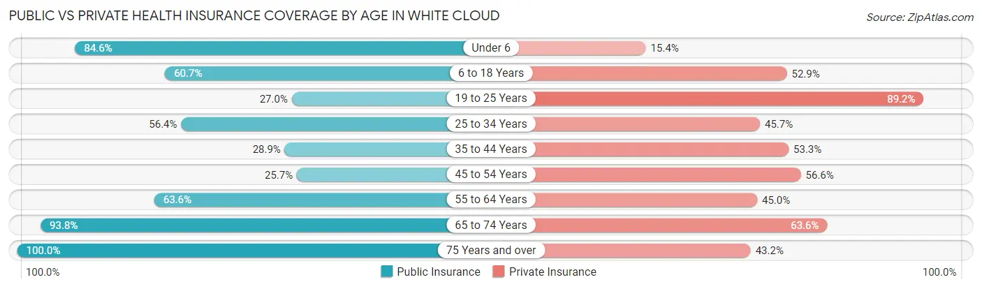 Public vs Private Health Insurance Coverage by Age in White Cloud