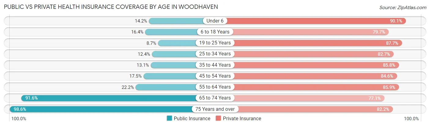 Public vs Private Health Insurance Coverage by Age in Woodhaven