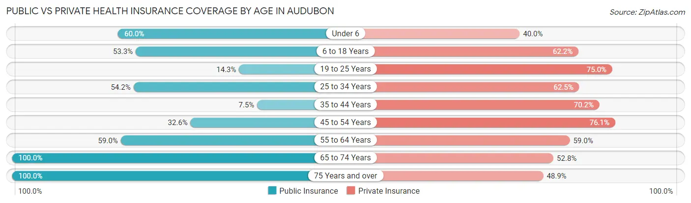 Public vs Private Health Insurance Coverage by Age in Audubon