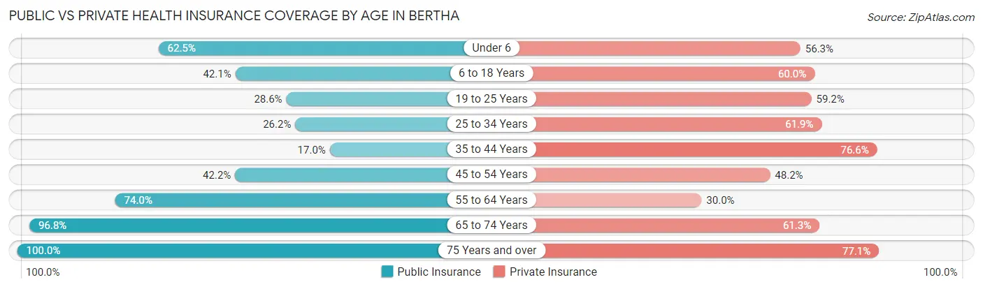 Public vs Private Health Insurance Coverage by Age in Bertha