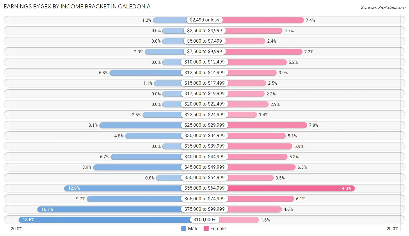 Earnings by Sex by Income Bracket in Caledonia