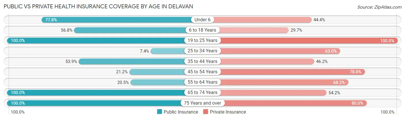 Public vs Private Health Insurance Coverage by Age in Delavan