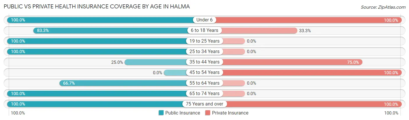 Public vs Private Health Insurance Coverage by Age in Halma