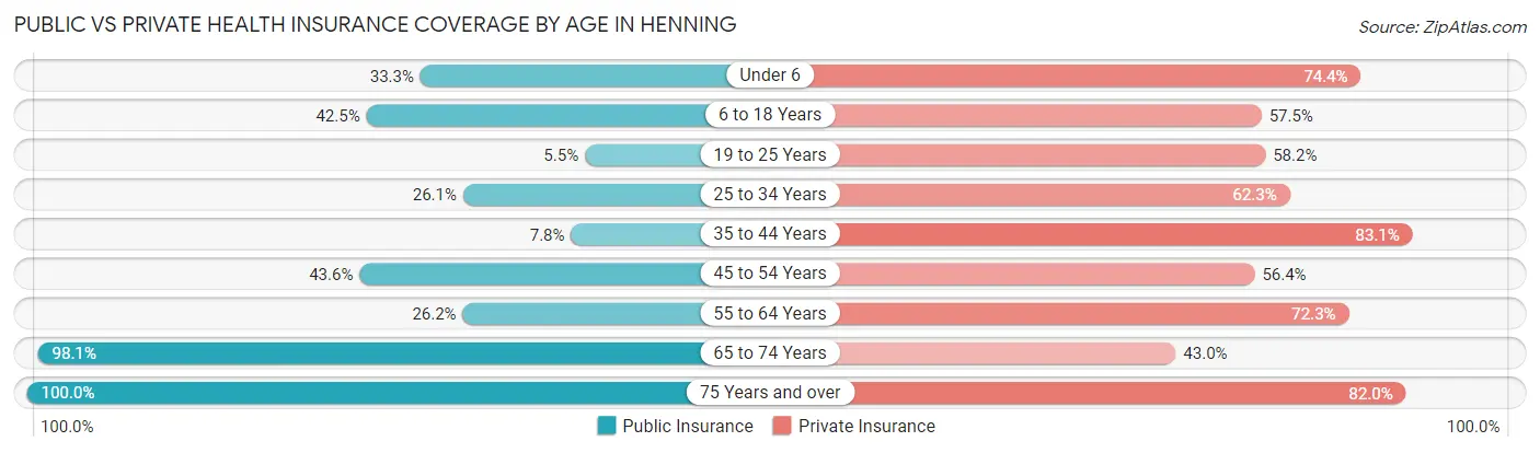 Public vs Private Health Insurance Coverage by Age in Henning