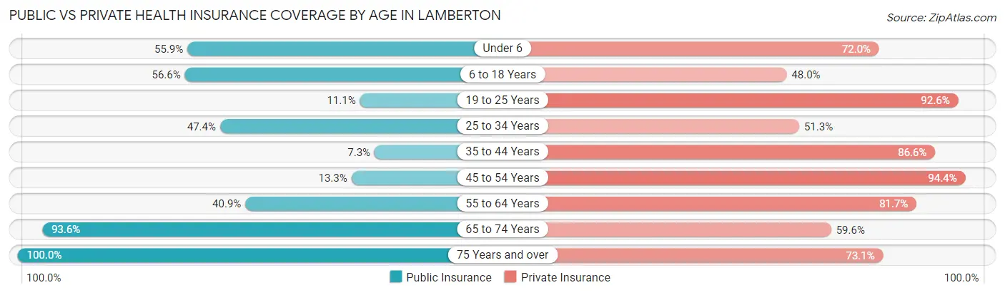 Public vs Private Health Insurance Coverage by Age in Lamberton