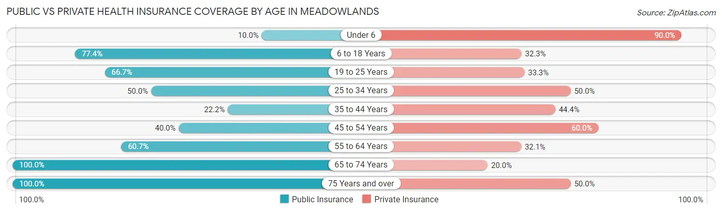 Public vs Private Health Insurance Coverage by Age in Meadowlands