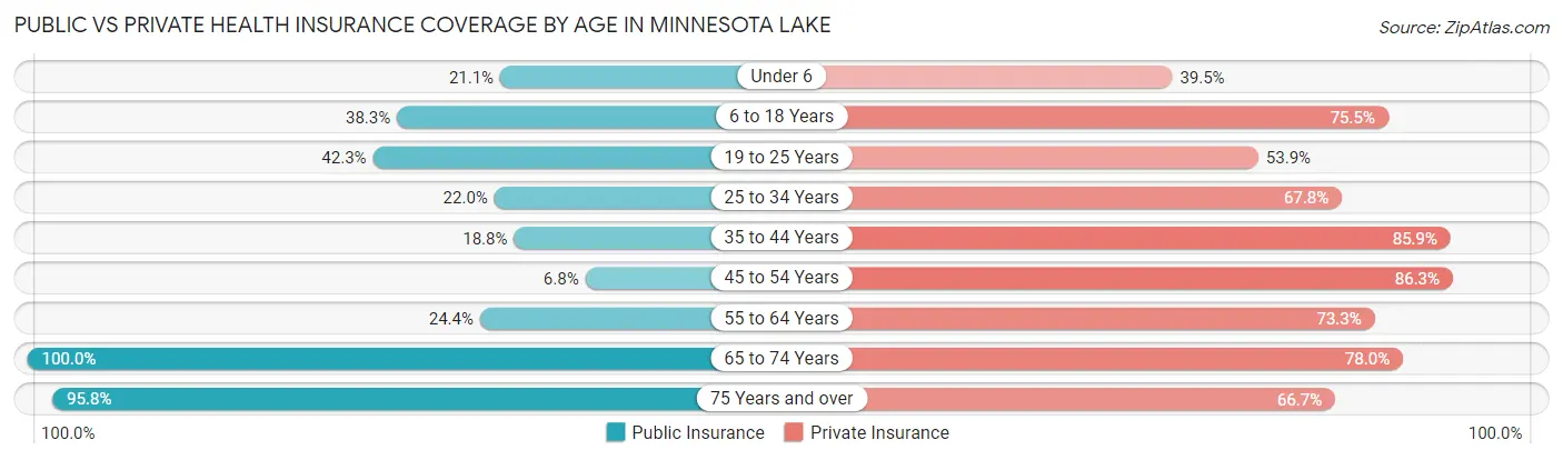Public vs Private Health Insurance Coverage by Age in Minnesota Lake