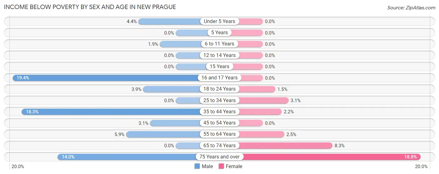 Income Below Poverty by Sex and Age in New Prague