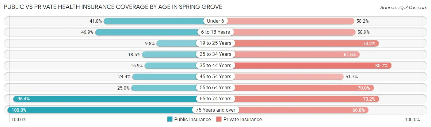 Public vs Private Health Insurance Coverage by Age in Spring Grove