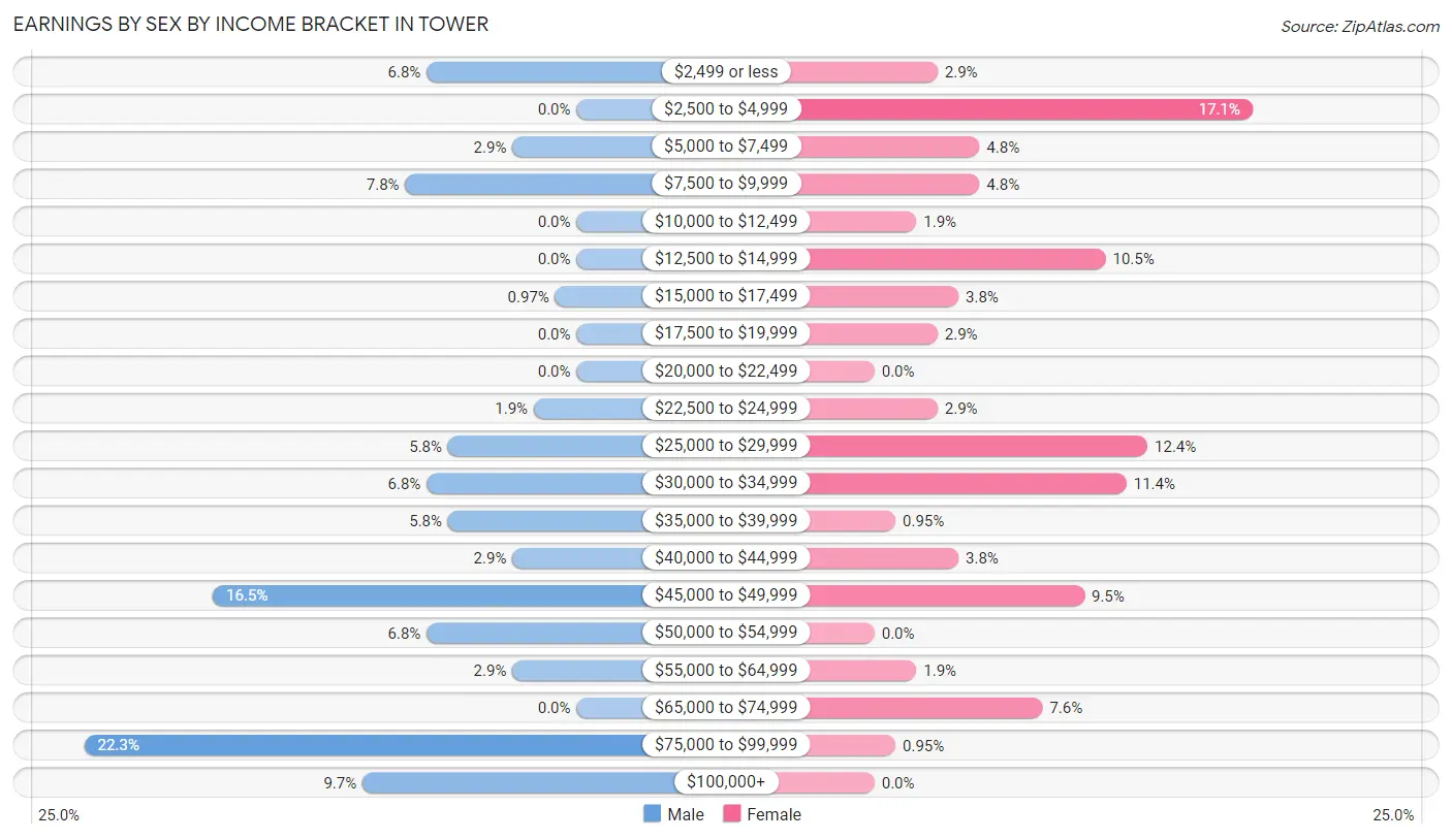 Earnings by Sex by Income Bracket in Tower