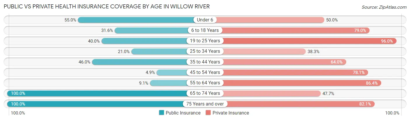Public vs Private Health Insurance Coverage by Age in Willow River