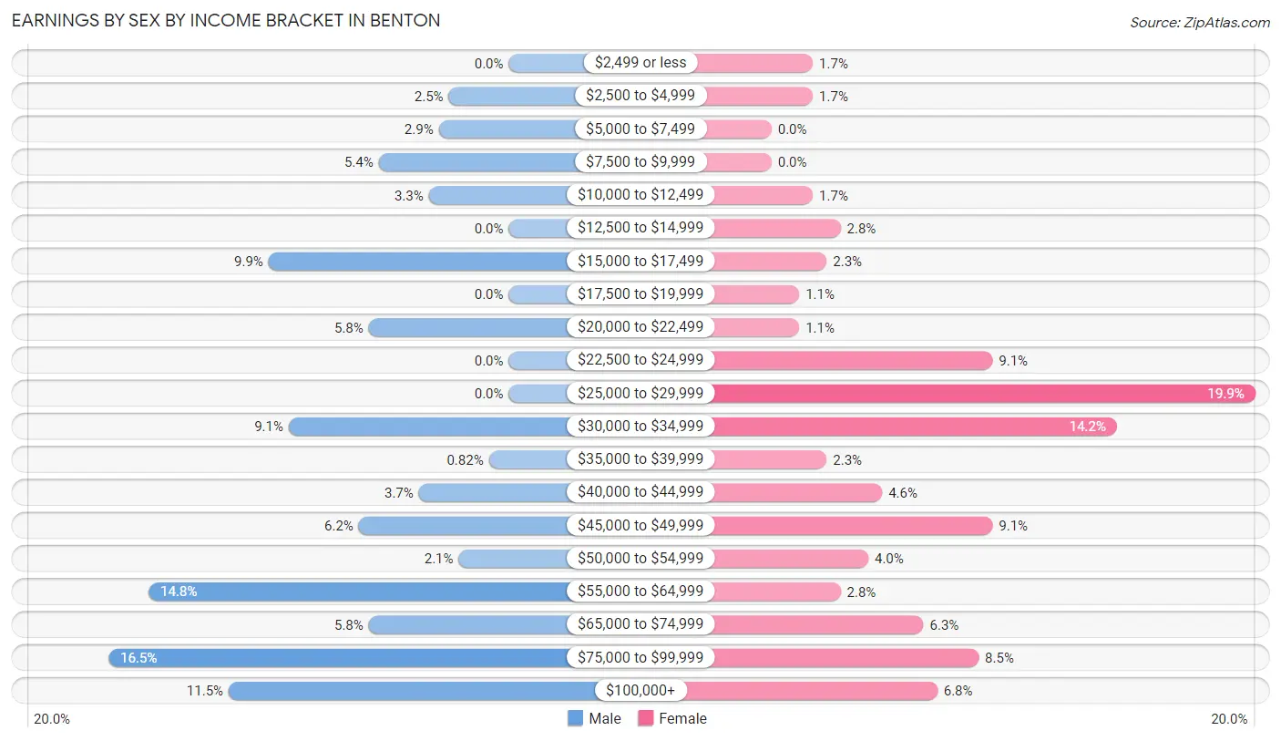 Earnings by Sex by Income Bracket in Benton