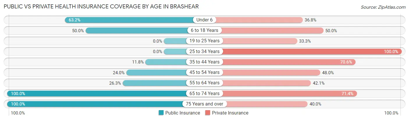 Public vs Private Health Insurance Coverage by Age in Brashear