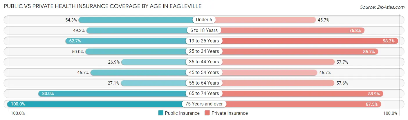 Public vs Private Health Insurance Coverage by Age in Eagleville