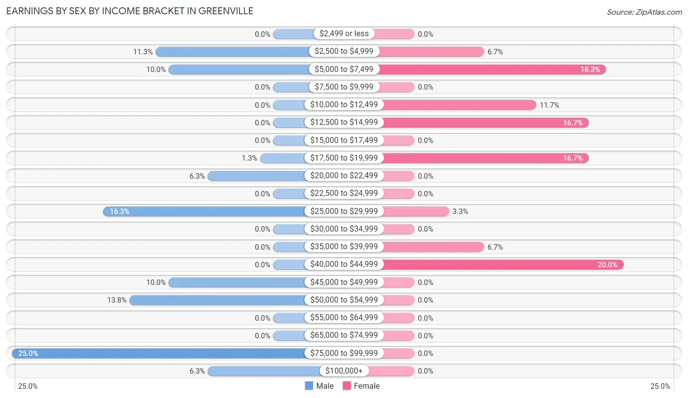 Earnings by Sex by Income Bracket in Greenville