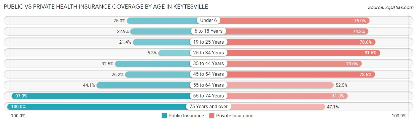 Public vs Private Health Insurance Coverage by Age in Keytesville