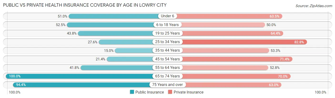 Public vs Private Health Insurance Coverage by Age in Lowry City