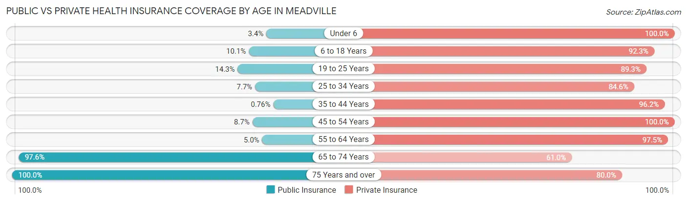 Public vs Private Health Insurance Coverage by Age in Meadville