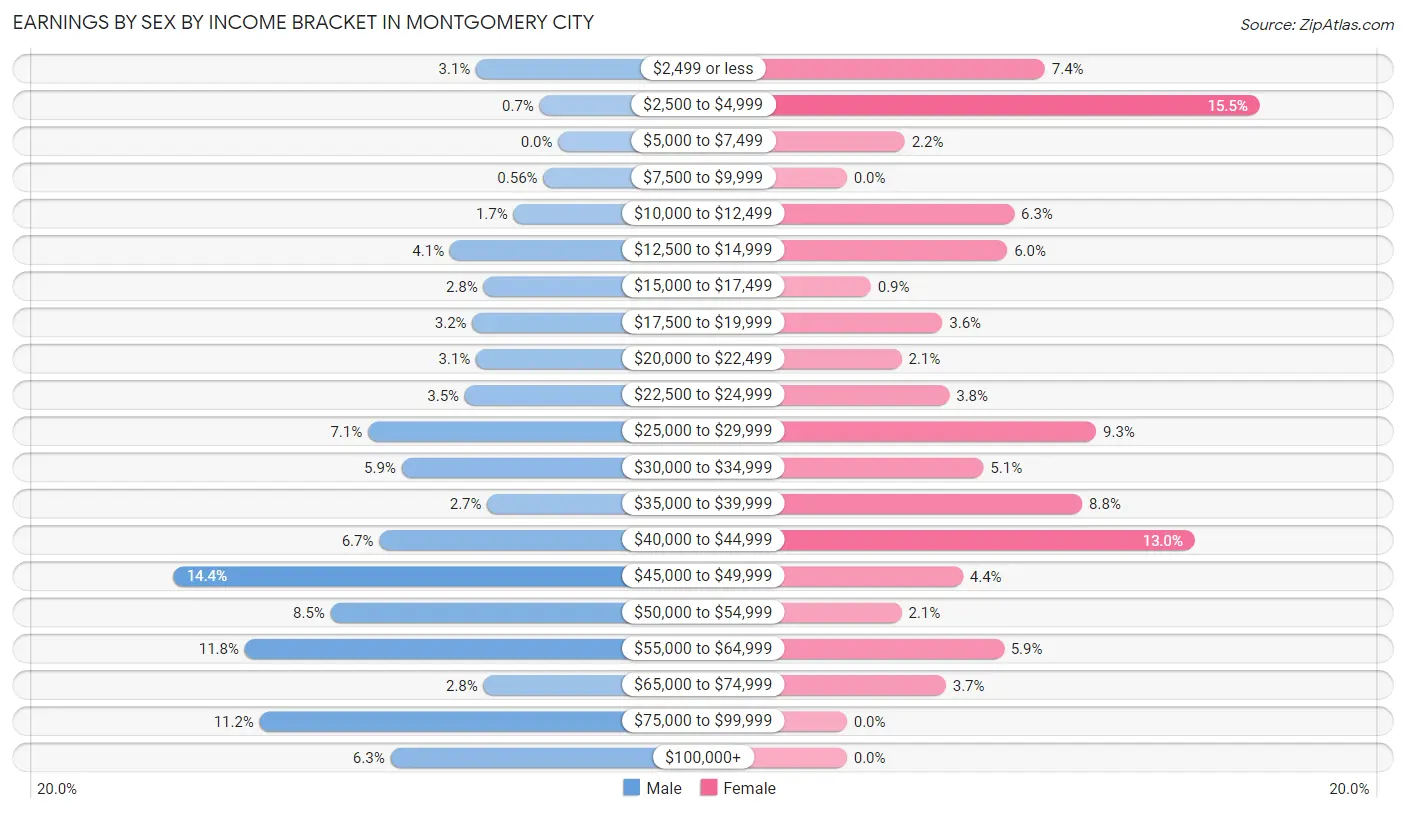 Earnings by Sex by Income Bracket in Montgomery City