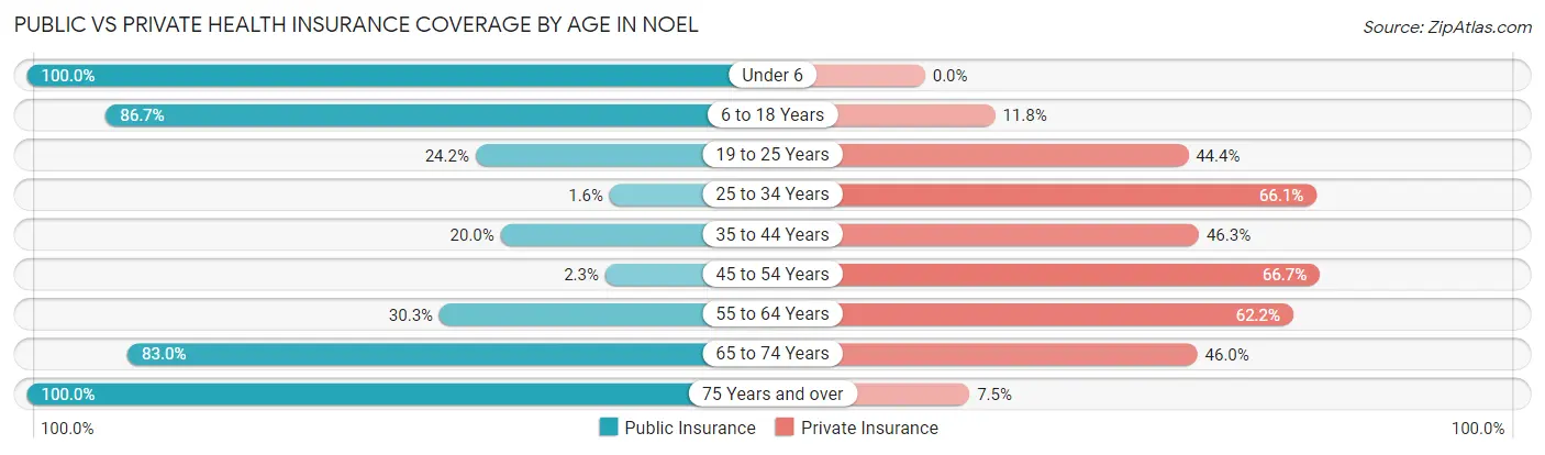 Public vs Private Health Insurance Coverage by Age in Noel