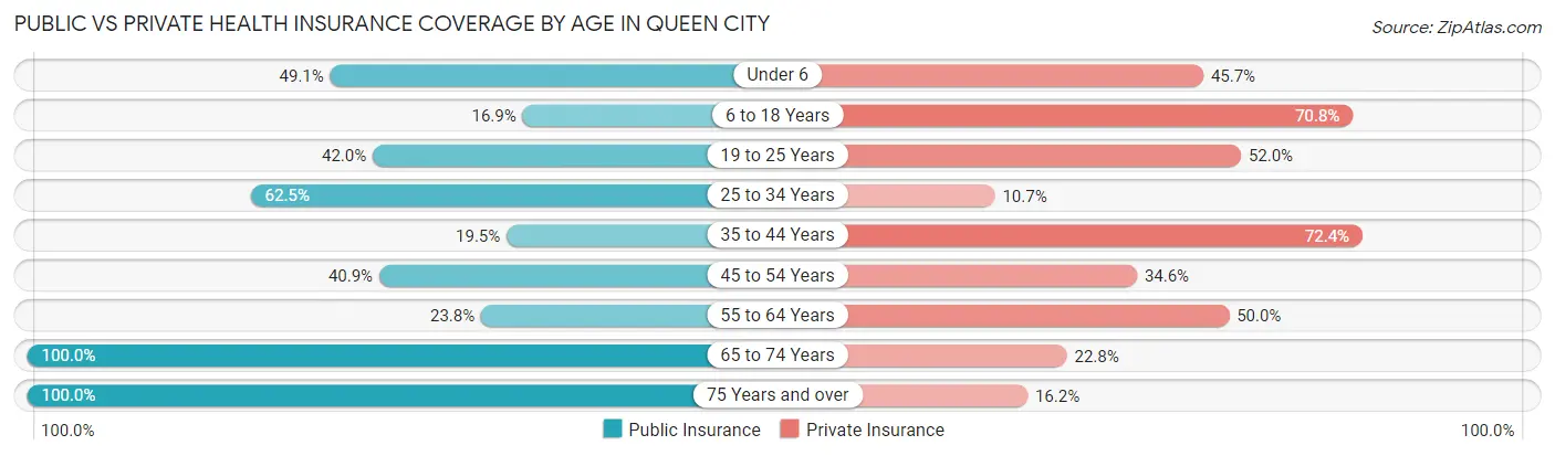 Public vs Private Health Insurance Coverage by Age in Queen City