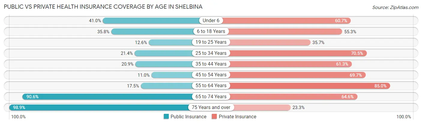 Public vs Private Health Insurance Coverage by Age in Shelbina