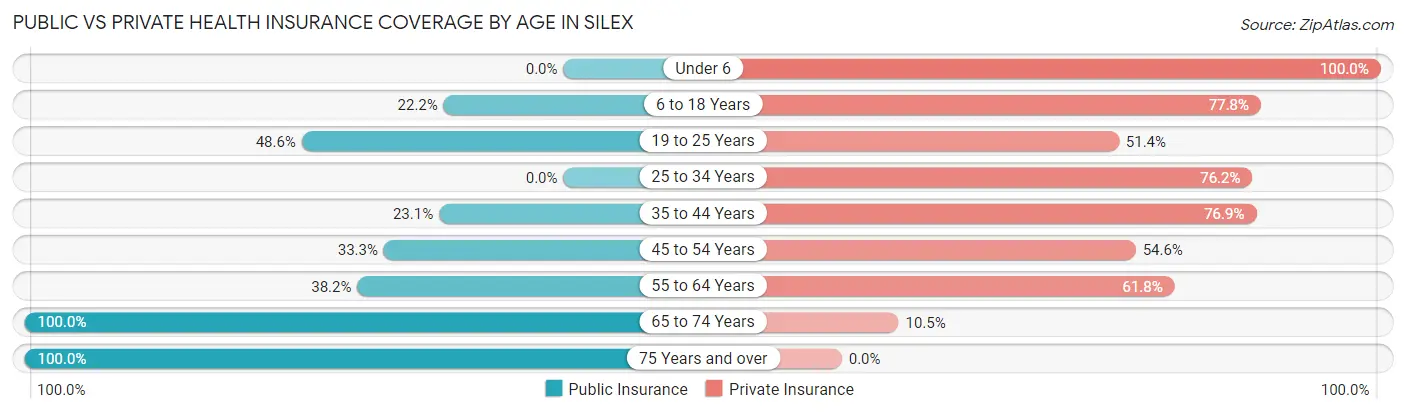Public vs Private Health Insurance Coverage by Age in Silex