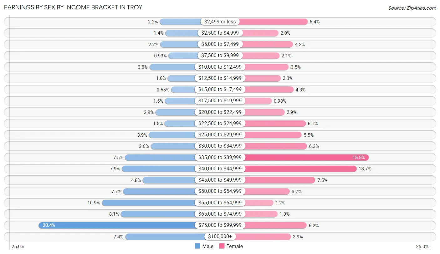 Earnings by Sex by Income Bracket in Troy