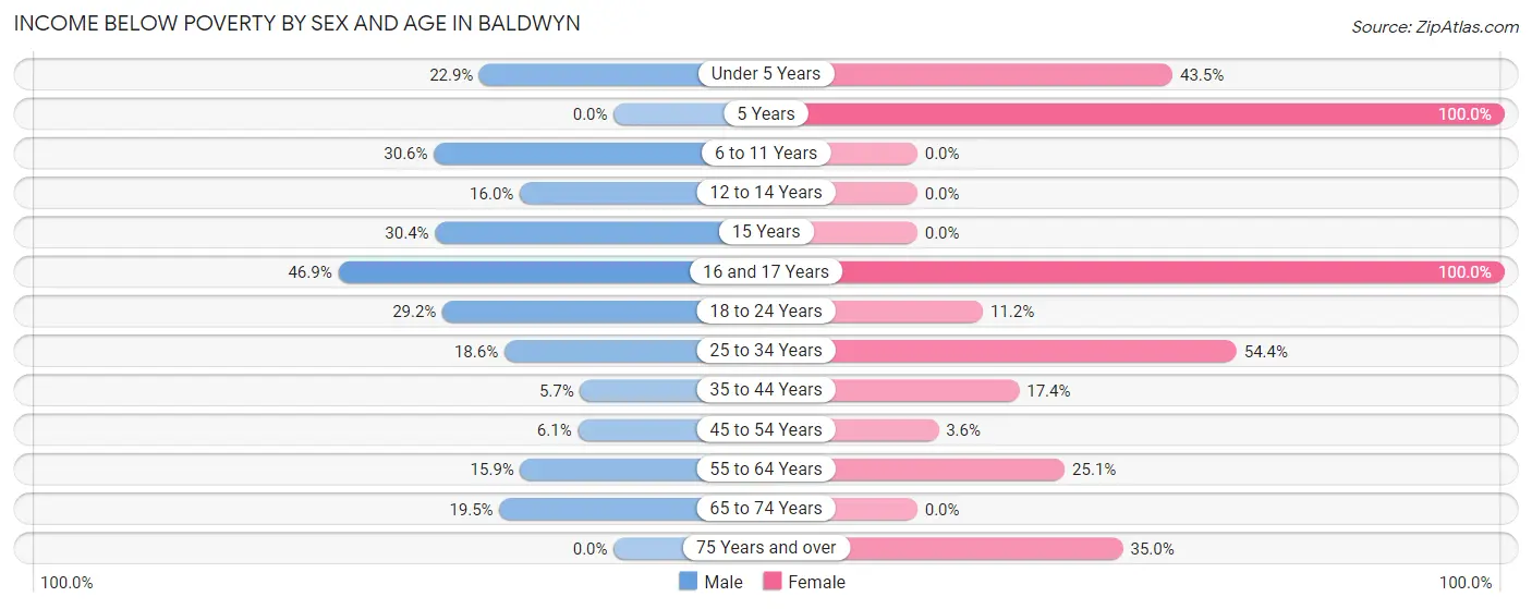 Income Below Poverty by Sex and Age in Baldwyn