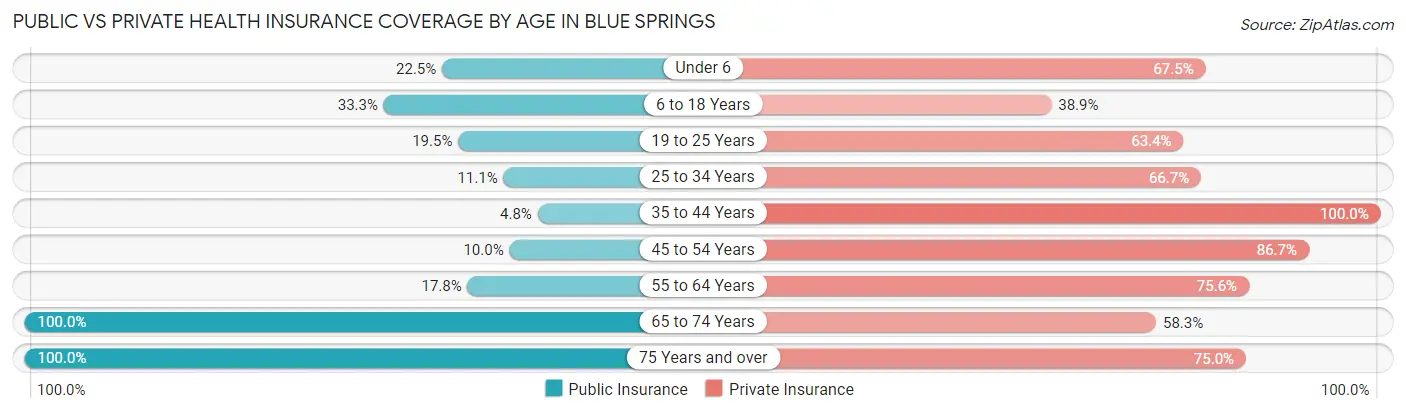 Public vs Private Health Insurance Coverage by Age in Blue Springs