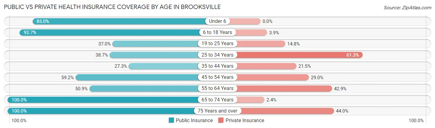 Public vs Private Health Insurance Coverage by Age in Brooksville