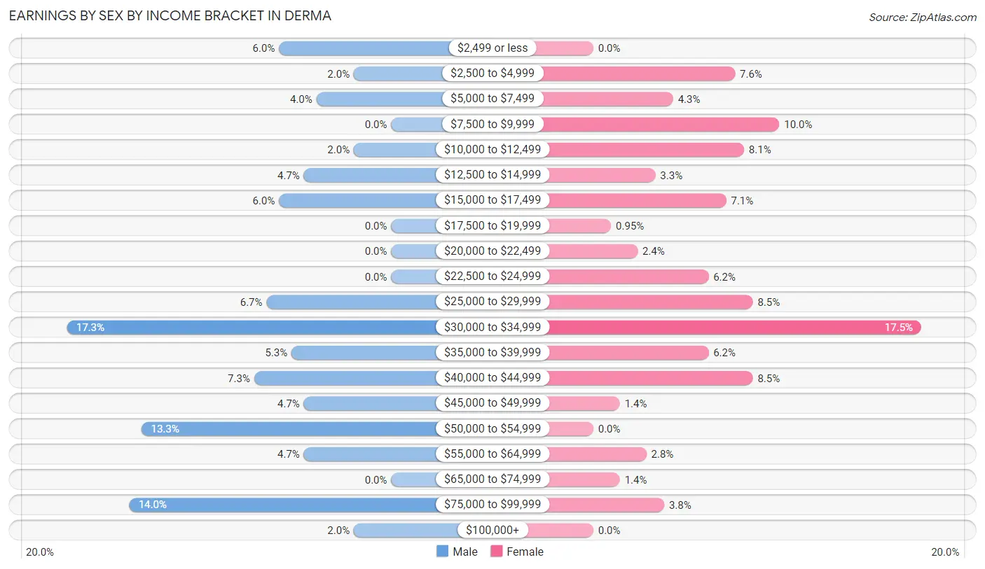 Earnings by Sex by Income Bracket in Derma