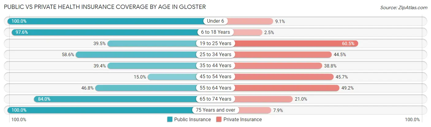 Public vs Private Health Insurance Coverage by Age in Gloster