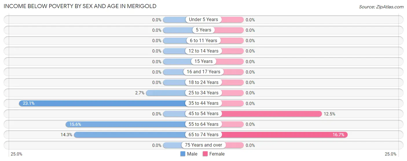 Income Below Poverty by Sex and Age in Merigold