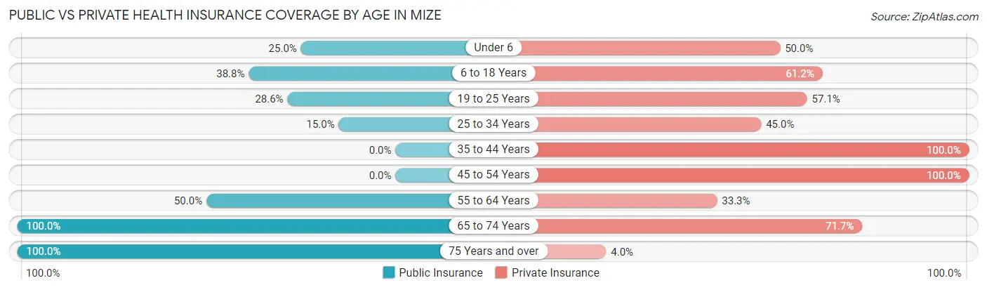 Public vs Private Health Insurance Coverage by Age in Mize