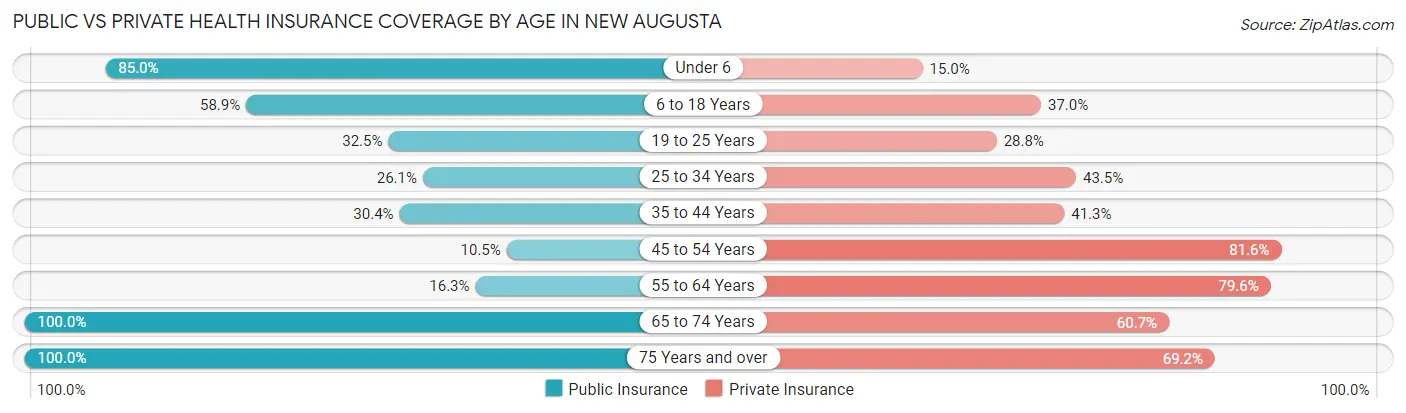 Public vs Private Health Insurance Coverage by Age in New Augusta