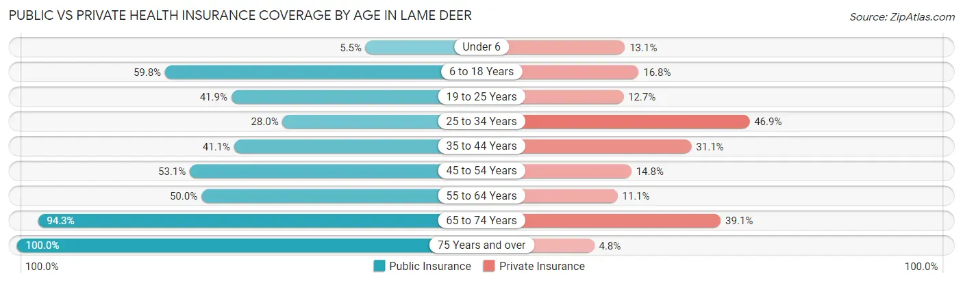 Public vs Private Health Insurance Coverage by Age in Lame Deer