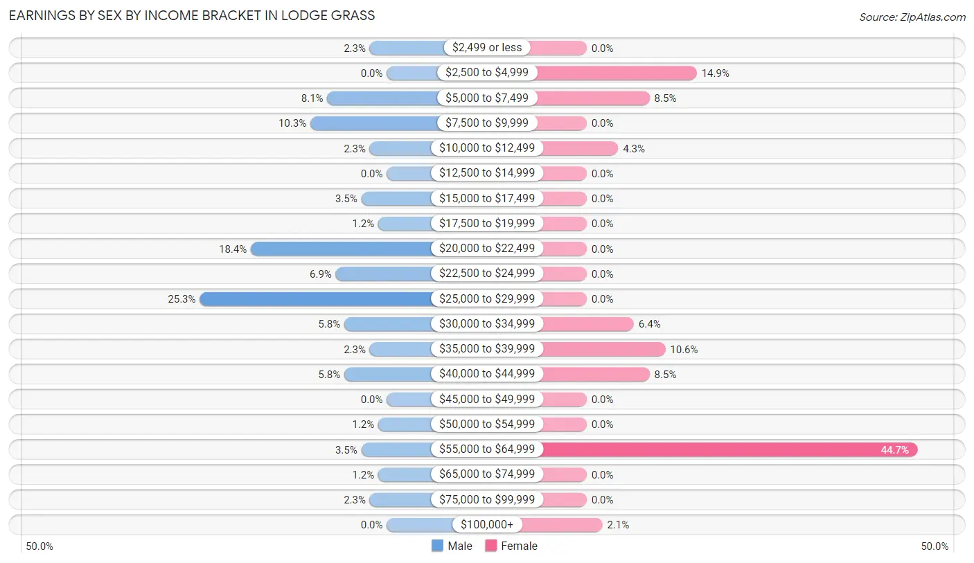 Earnings by Sex by Income Bracket in Lodge Grass