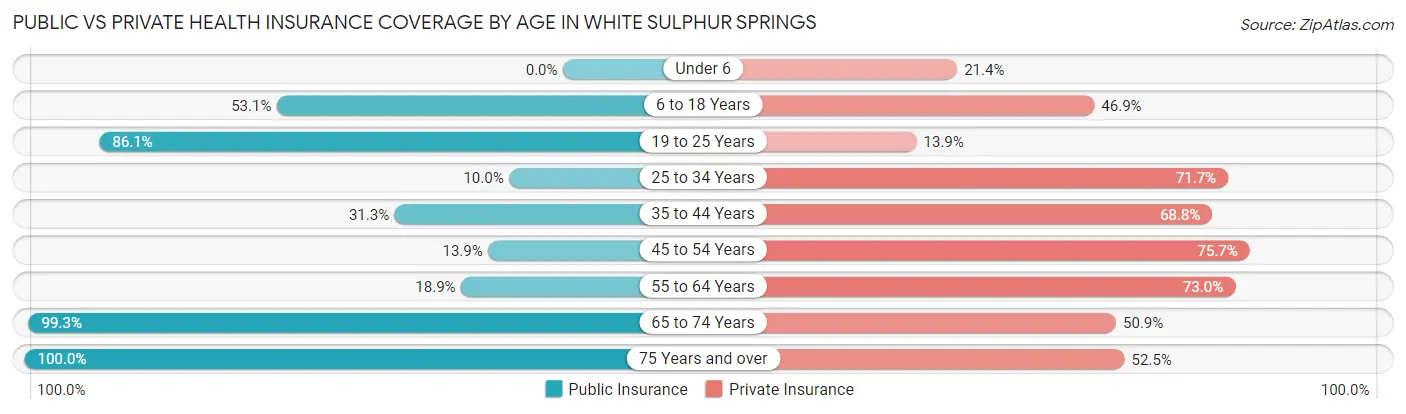 Public vs Private Health Insurance Coverage by Age in White Sulphur Springs