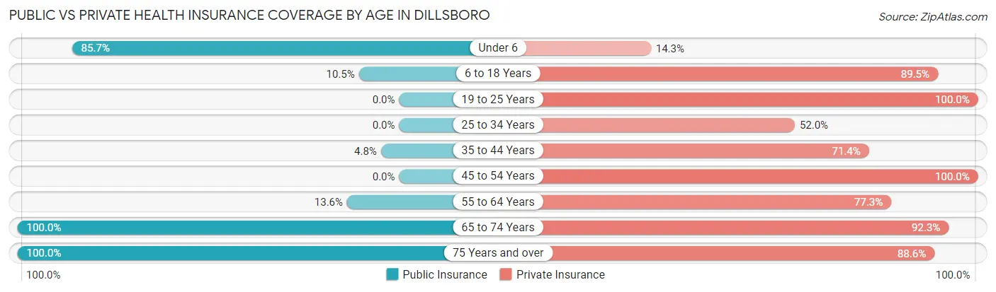 Public vs Private Health Insurance Coverage by Age in Dillsboro