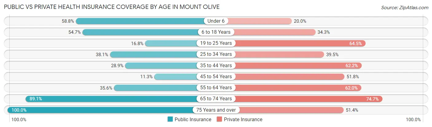 Public vs Private Health Insurance Coverage by Age in Mount Olive