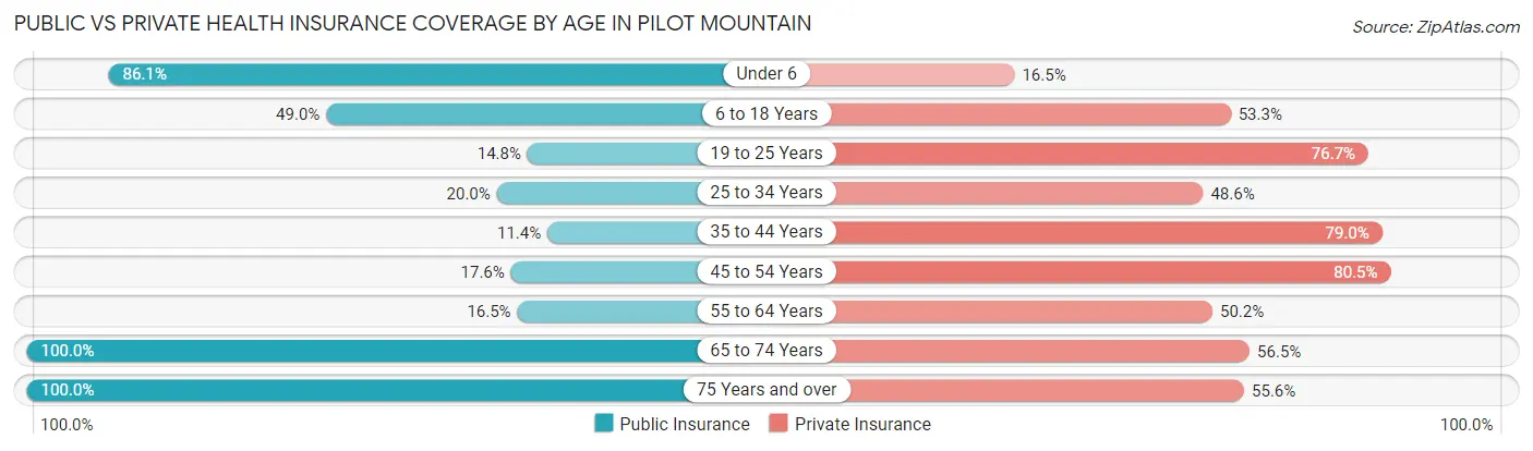 Public vs Private Health Insurance Coverage by Age in Pilot Mountain